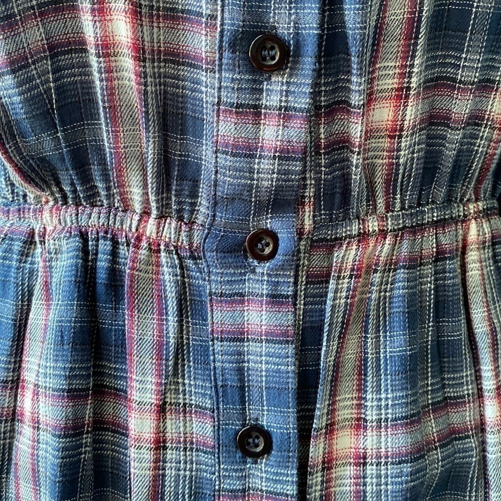 PINK LILY Plaid Elastic Waist Dress Button Down Long Sleeve Navy Red Blue - Picture 4 of 15